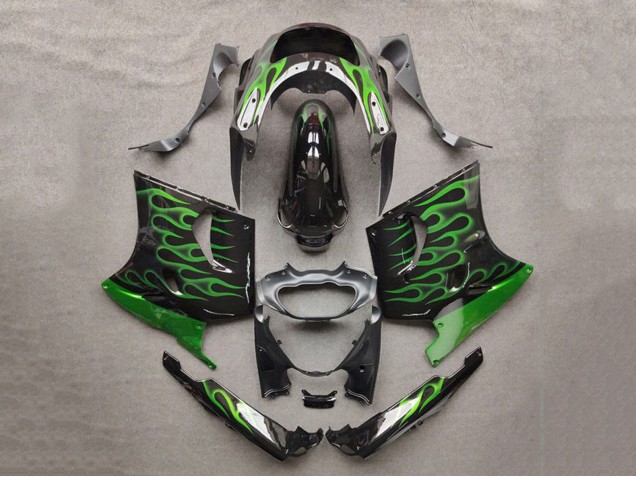 Carenados Moto Kawasaki ZZR1100 1993-2003 - Negro Brillante Verde Llama