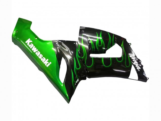 Carenado Moto Kawasaki ZX6R 2005-2006 - Negro Brillante Verde Llama