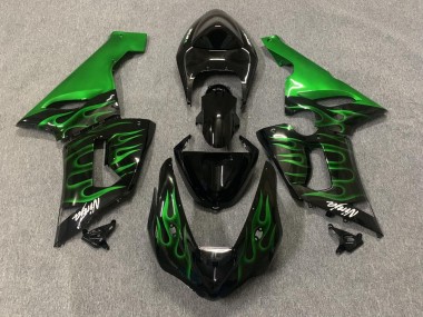 Carenados Moto Kawasaki ZX6R 2005-2006 - Negro Brillante Verde Llama